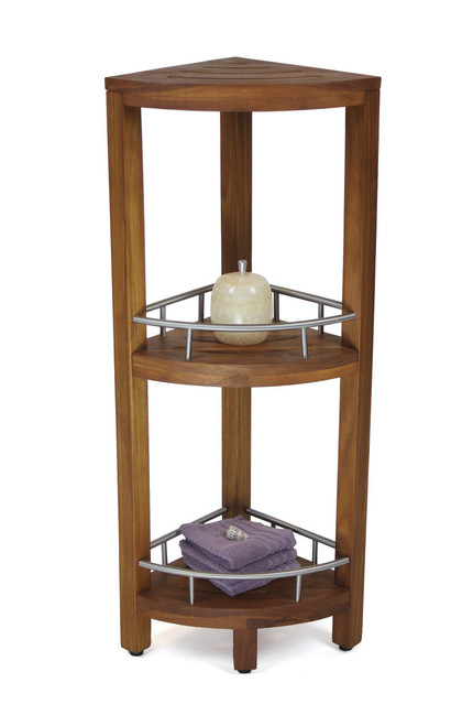 Patented Kai Corner Teak and Stainless 3 Shelf Corner Stand