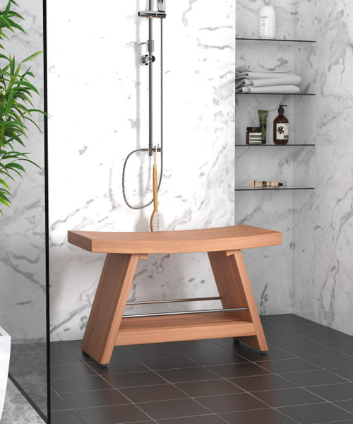 Patented 30" Asia® Teak & Stainless Shower Bench with Shelf