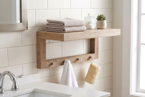 18" Moa Mist-Shield Teak Wall Shelf with Hooks