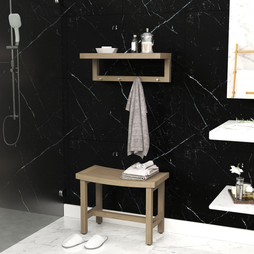 24" Moa™ Mist-Shield Teak Wall Shelf with Hooks