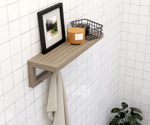 The 30" Moa-Mist™ Teak Wall Shelf with Hooks.