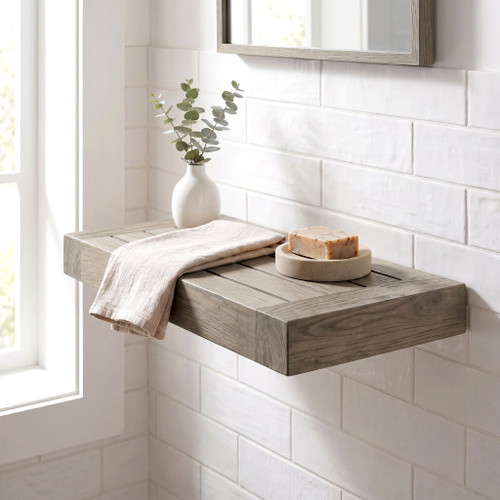 12" Moa Mist-Shield Floating Teak Wall Shelf