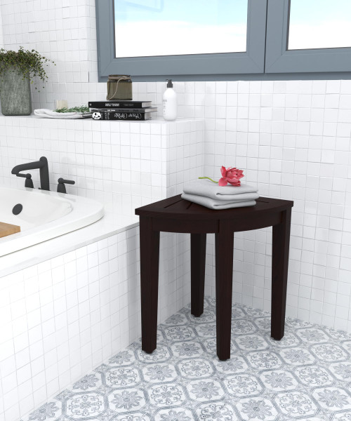 15.5" Kai Mocha-Shield Corner Teak Shower Bench with Elevated Height