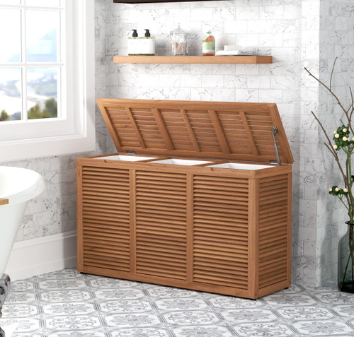  Nila™ Triple Size Wall-Hugging Teak Louvered Hamper