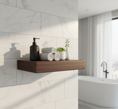 12" Manada™ Mocha-Shield Floating Teak Wall Shelf