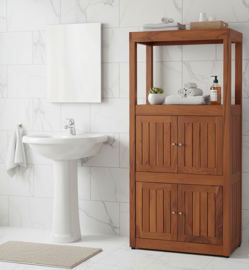 Sula Three-Level Teak Tower Floor Cabinet with Display Shelving