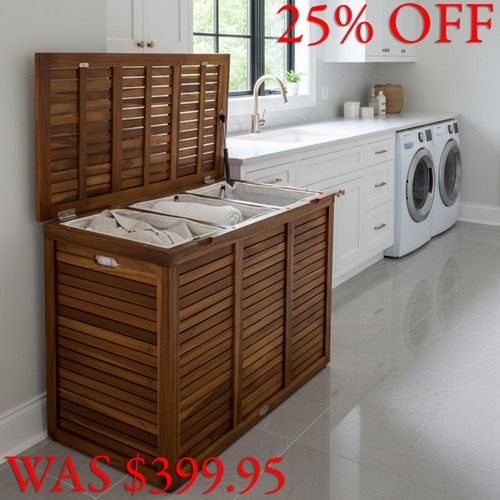 Spa Large-Size Triple Walnut-Shield Teak Laundry or Storage Hamper