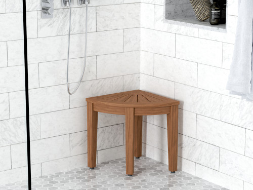 Corner Teak Shower Bench with Shelf Great For Small Spaces I