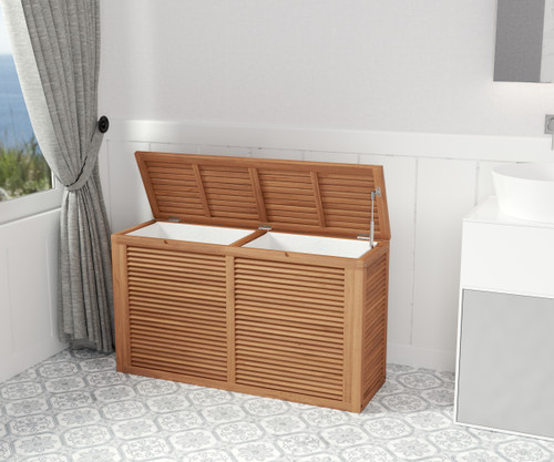 Nila™ Double Size Wall-Hugging Teak Louvered Hamper