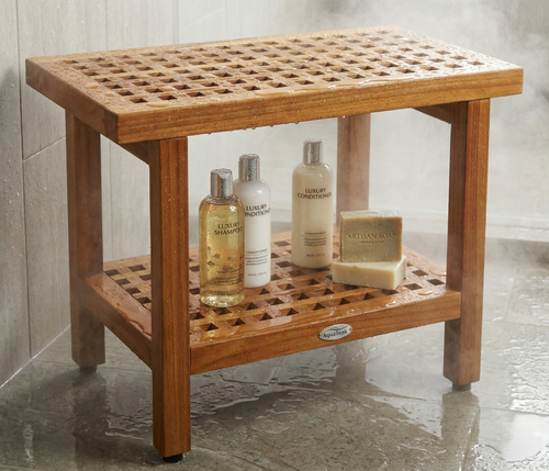 AquaTeak The Original 24" Grate Teak Shower Bench with Shelf