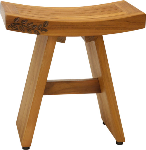 18" Asia Artisan Teak Shower Bench with Carved Leaves on Seat Front