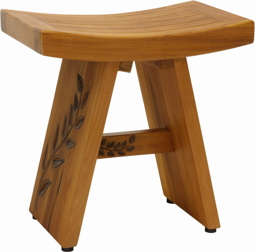 18" Asia Artisan Teak Shower Bench with Carved Leaves on Leg and Crossbar