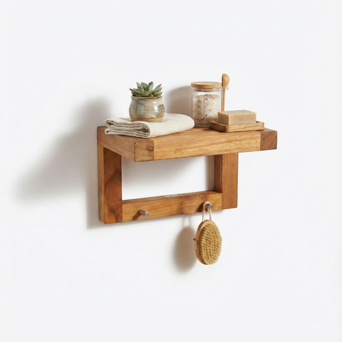 12" Moa Teak Flat Wall Shelf with Hooks - 12 Inch