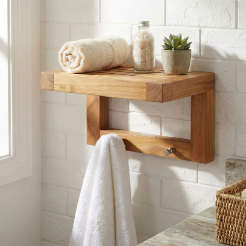 12" Moa Teak Flat Wall Shelf with Hooks
