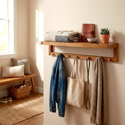 36" Moa Teak Wall Shelf with Hooks
