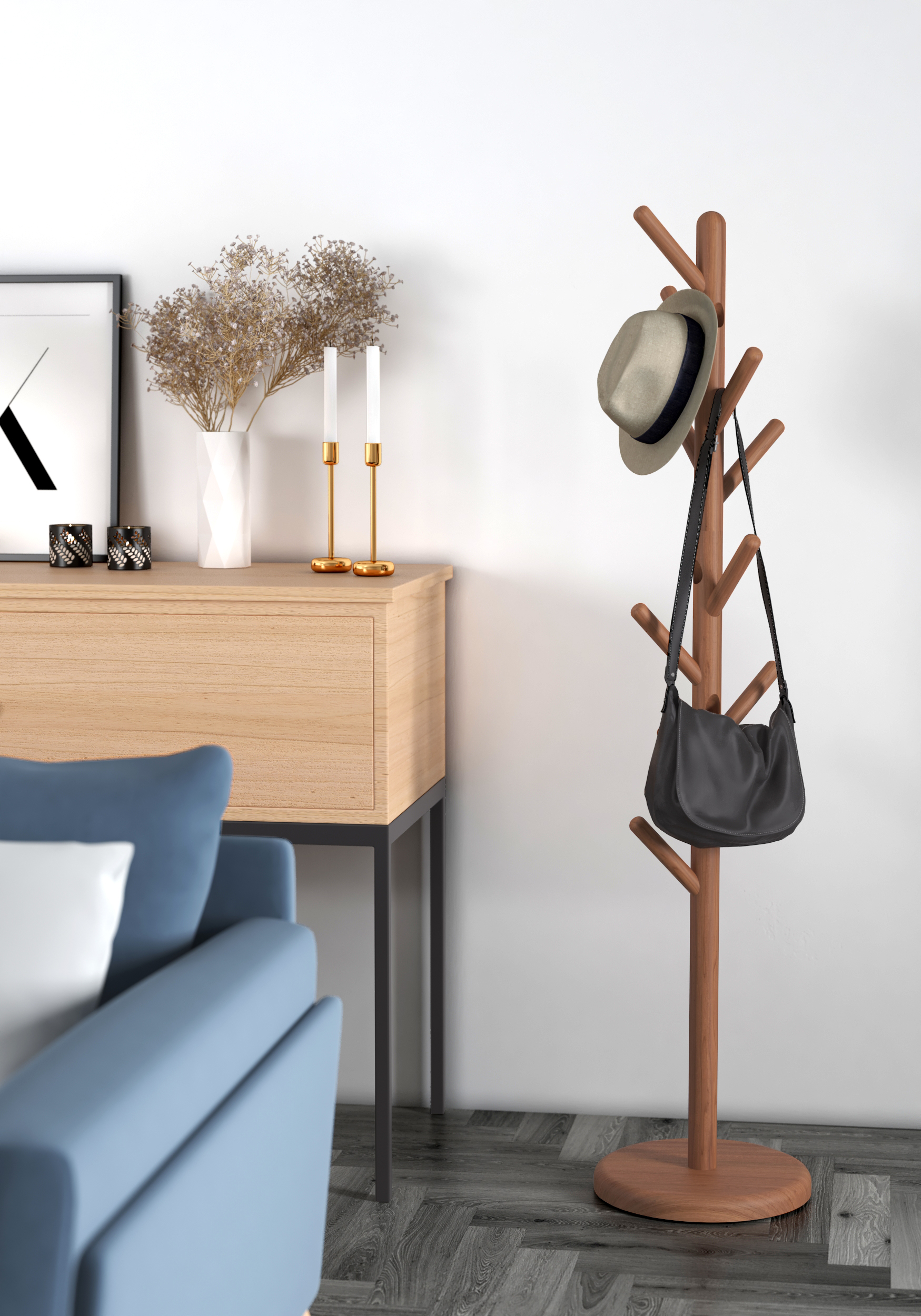 Manada Teak Coat Stand with Round Base Organize Your Space I