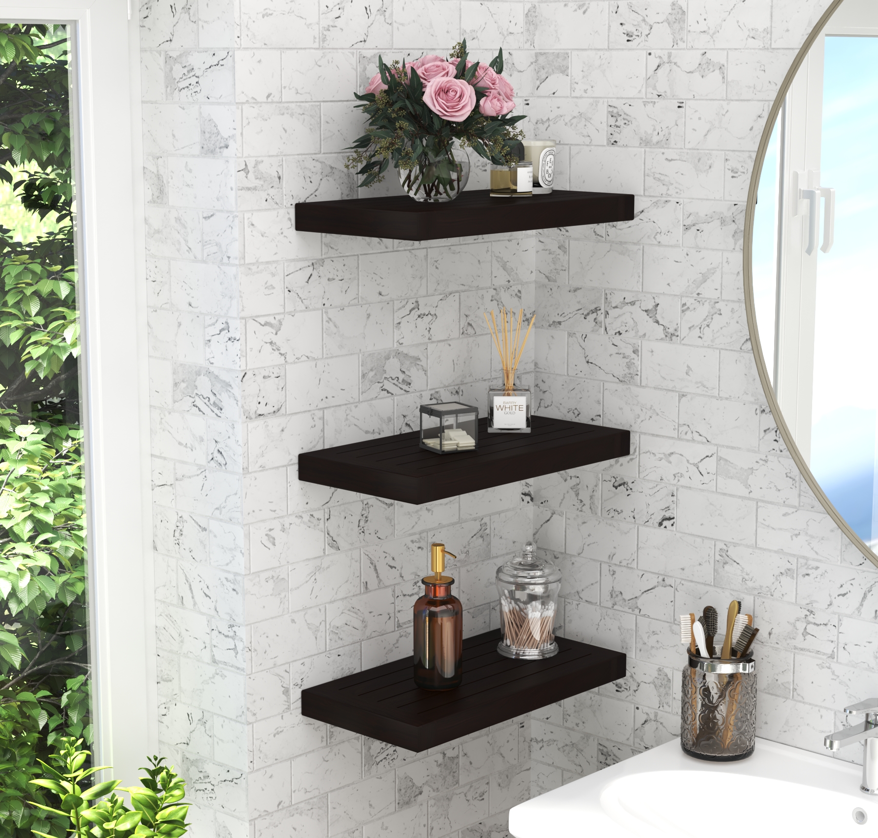 AquaTeak 18 Moa-Mist Teak Wall Shelf with Hooks