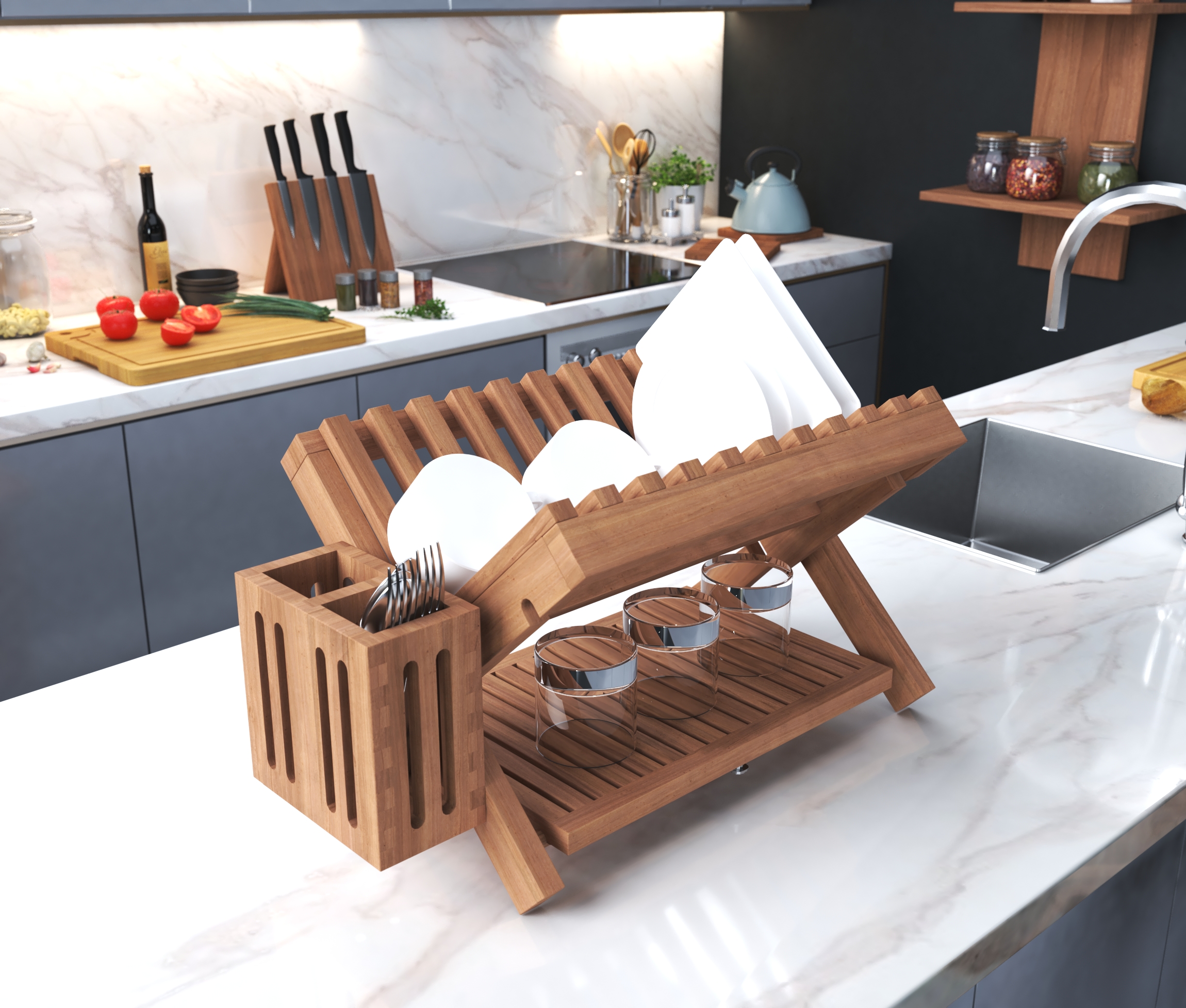 Dish Rack and Vegetable Drying Rack for Sink in Your Kitchen, Made of Teak  Wood