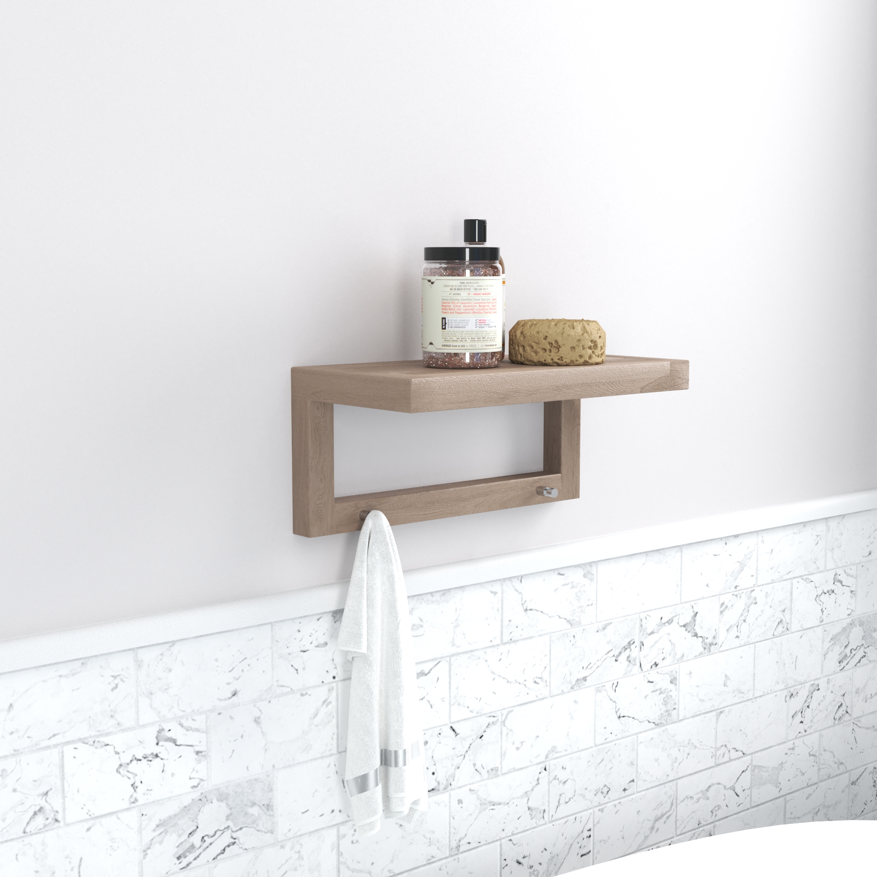 5 Hook Rustic Wood Wall Mounted Floating Bathroom Shelf and Towel Rack