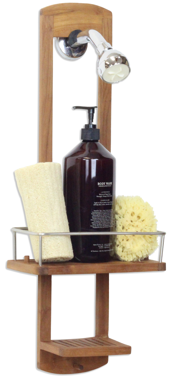 The Solid Teak Hanging Shower Caddy - Hammacher Schlemmer