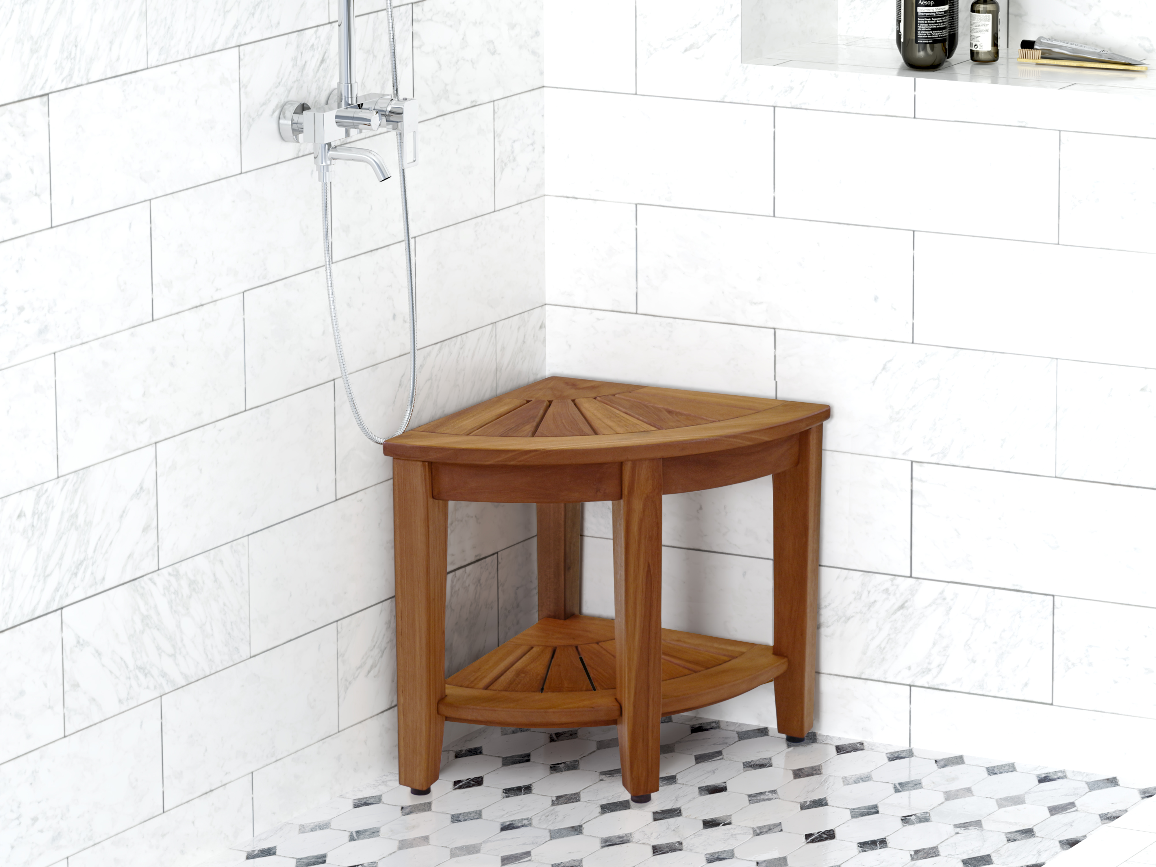 Corner Teak Shower Bench with Shelf Great For Small Spaces I