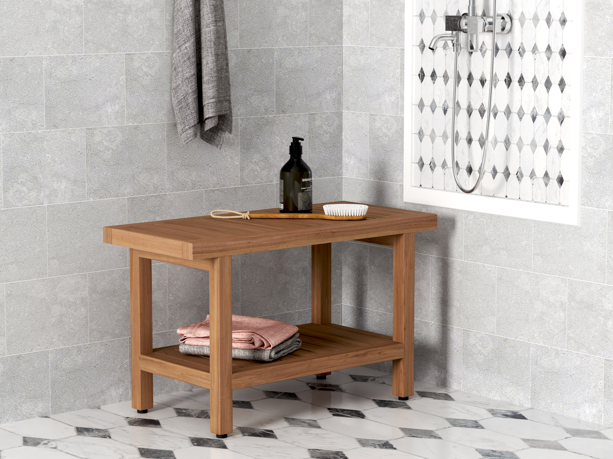 Spa™ Teak Shower Bench with Shelf - Safety and Style For The