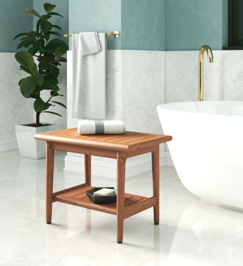 24" MalukuBjön Teak Shower Bench with Shelf Aqua Teak