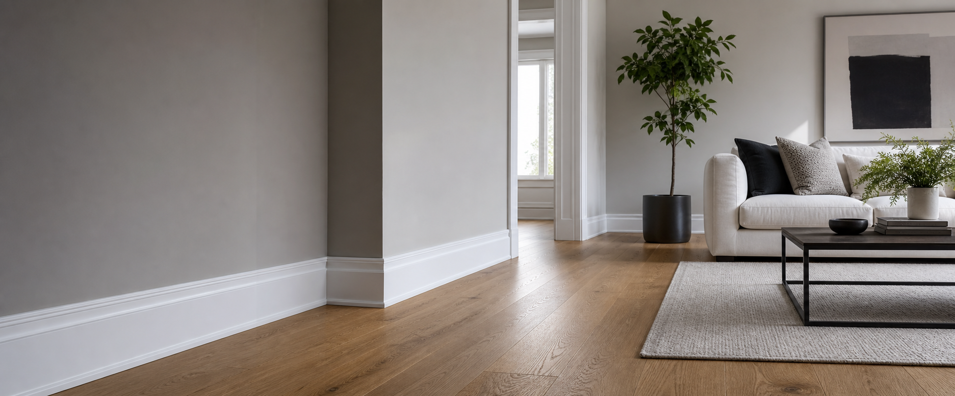 Bright finished living room featuring detailed white baseboards