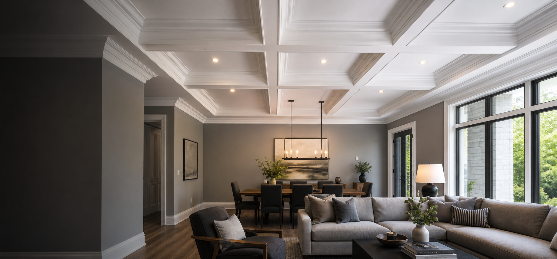 Living and dining room with a coffered ceiling and layered crown moulding