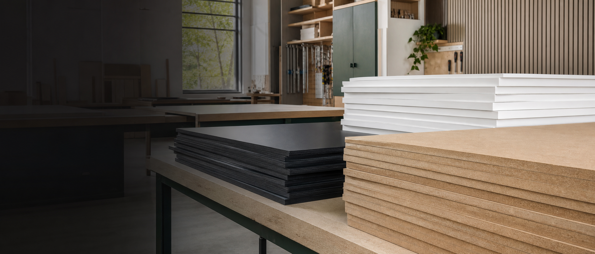 White and black PVC sheets beside natural MDF sheets in a millwork workshop