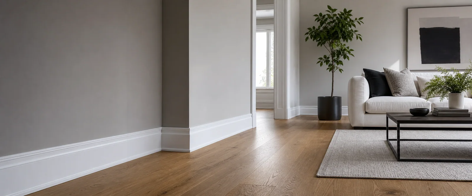 Bright finished living room featuring detailed white baseboards