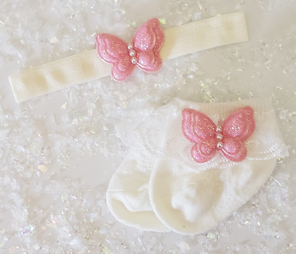 Newborn or Preemie Ivory Party Socks Set with Light Pink Butterflies + Headband