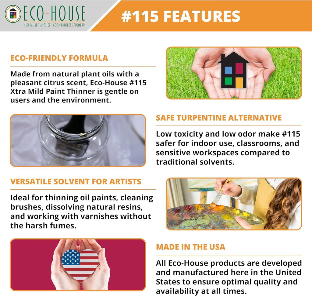 Eco House 115 Xtra Mild Paint Thinner – Citrus Scent - Low Odor :  8 oz & 4 oz Individual Bottles