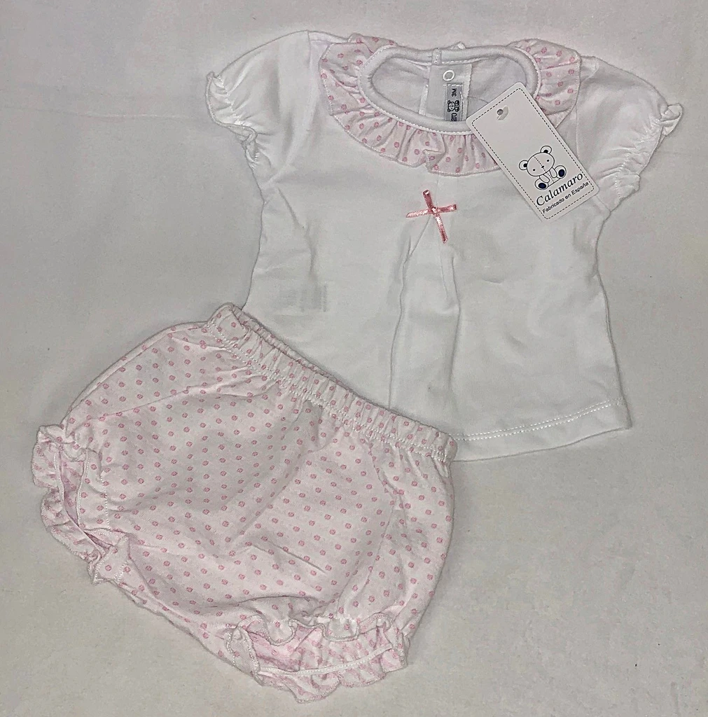 Short Sleeve Knit Top and Matching Diaper Cover - Pink and White 3 month