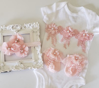 White and Pink 3 Piece Lace Onsie Set Including Flower Headband and Matching Party Socks Hand Made