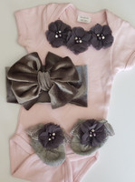 Dusty Pink and Gray 3 Piece Set Including Velvet Headwrap and Party Socks Hand Made 