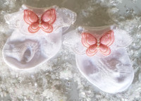 Newborn or Preemie White Party Socks w/ Light Pink Butterflies