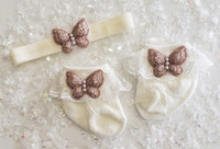 Newborn or Preemie Ivory Party Socks Set with Rose Gold Butterflies + Headband