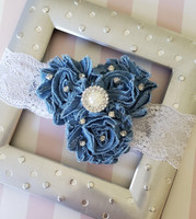 Denim Flowers Headband with Pearl and Rhinestone Adornents Handmade