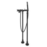 Lombardia Exposed Floor Mount Tub Filler with Handshower and Floor Pillar Legs or Supply Unions - Matte Black with Cross Handle | Model Number: AKIT2202NXMMB - Product Knockout