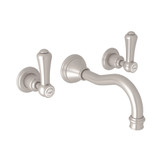 Georgian Era Wall Mount Widespread Bathroom Faucet - Satin Nickel with White Porcelain Lever Handle | Model Number: U.3793LSP-STN/TO-2 - Product Knockout