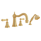 Georgian Era 4-Hole Deck Mount Column Spout Tub Filler with Handshower - English Gold with White Porcelain Lever Handle | Model Number: U.3747LSP-EG - Product Knockout