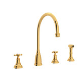 Georgian Era 4-Hole C-Spout Kitchen Faucet with Sidespray - English Gold with Cross Handle | Model Number: U.4735X-EG-2 - Product Knockout