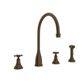 Georgian Era 4-Hole C-Spout Kitchen Faucet with Sidespray - English Bronze with Cross Handle | Model Number: U.4735X-EB-2 - Product Knockout