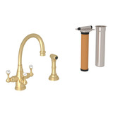 Georgian Era 3-Lever Kitchen Faucet with Sidespray - Satin English Gold with Metal Lever Handle | Model Number: U.KIT1520LS-SEG-2 - Product Knockout
