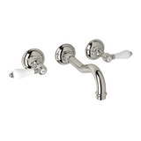 Acqui Wall Mount Widespread Bathroom Faucet - Polished Nickel with White Porcelain Lever Handle | Model Number: A1477LPPNTO-2 - Product Knockout