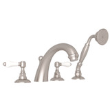San Julio 4-Hole Deck Mount C-Spout Tub Filler with Handshower - Satin Nickel with White Porcelain Lever Handle | Model Number: A2104LPSTN - Product Knockout