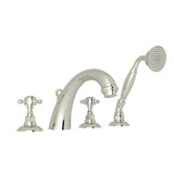 San Julio 4-Hole Deck Mount C-Spout Tub Filler with Handshower - Polished Nickel with Crystal Cross Handle | Model Number: A2104XCPN - Product Knockout