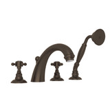 San Julio 4-Hole Deck Mount C-Spout Tub Filler with Handshower - Tuscan Brass with Crystal Cross Handle | Model Number: A2104XCTCB - Product Knockout