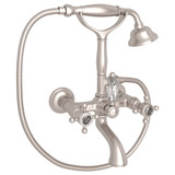 Exposed Wall Mount Tub Filler with Handshower - Satin Nickel with Crystal Cross Handle | Model Number: A1401XCSTN - Product Knockout